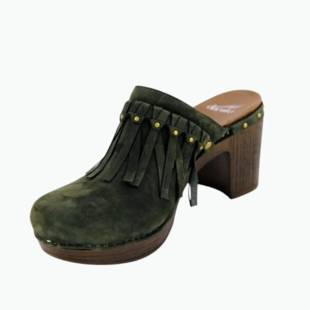 Dansko Women's Deni Olive Suede Fringe And Studded Mules - Picture 4 of 9